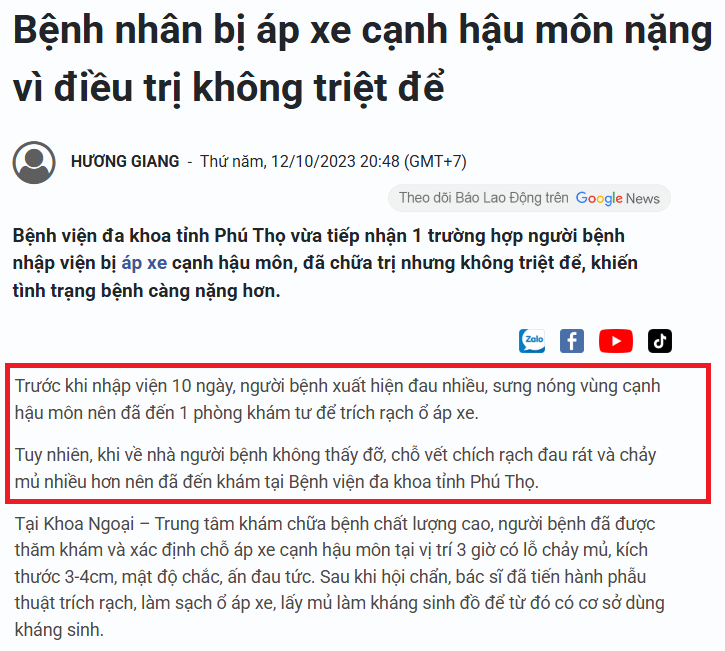 Bác sĩ chuyên khoa chia sẻ 3 nguyên tắc “vàng” chữa áp xe hậu môn an toàn, hiệu quả